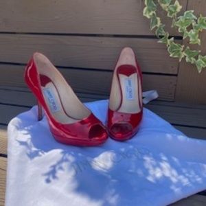 Jimmy Choo RED Patent Leather Peep Toe Platform Heels Size 35.5